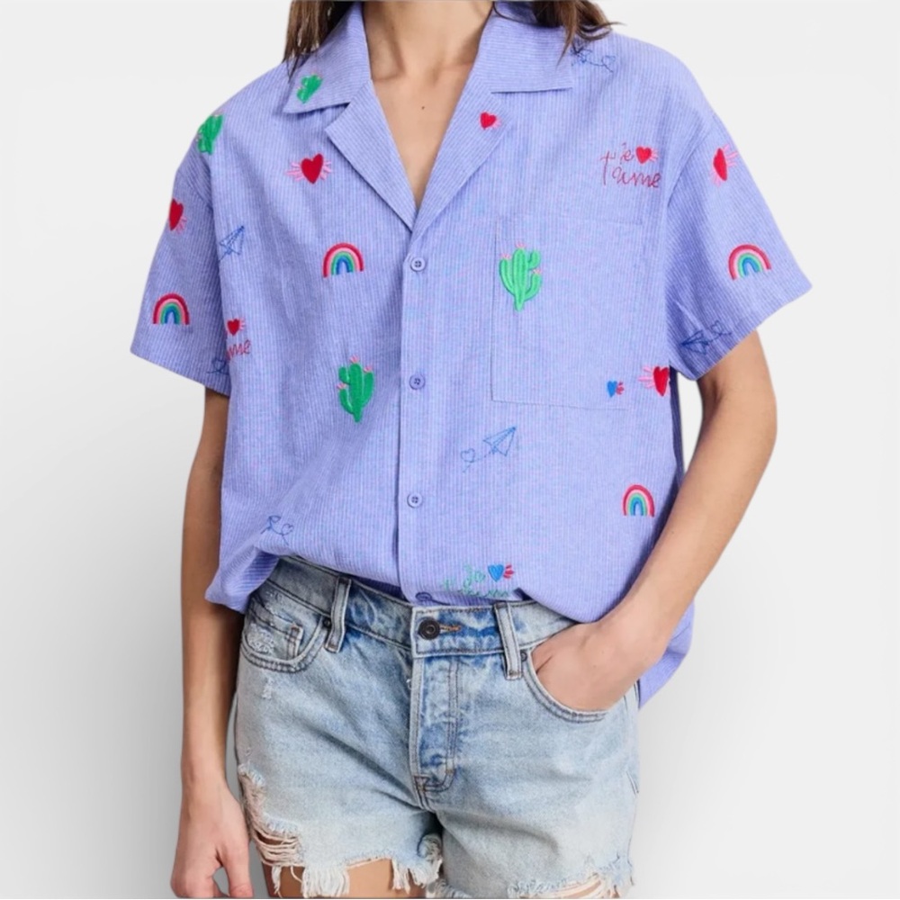Flat White Taylor Woven Embroidered Short Sleeved Button Down Shirt